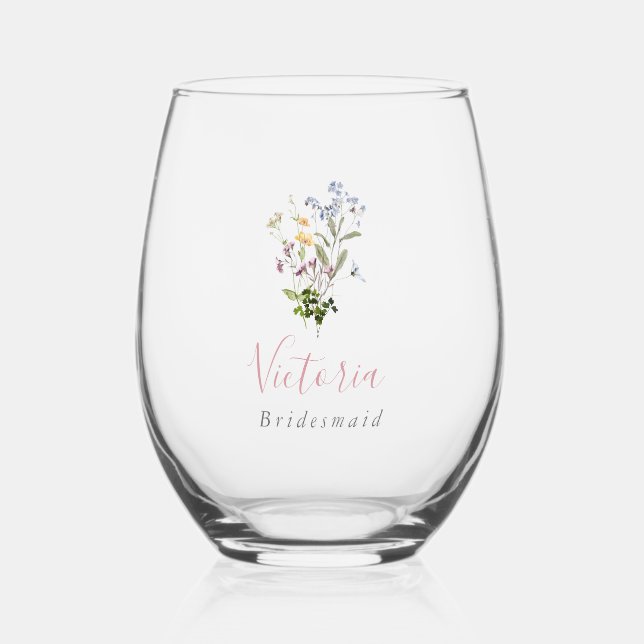 Wildblume Edelloses Weinglas Bridesmaid Geschenk Weinglas Ohne Stiel (Vorderseite)