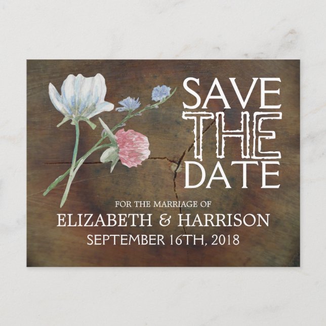 Wildblume Eichenholz Hochzeit speichern das Datum Ankündigungspostkarte (Vorderseite)