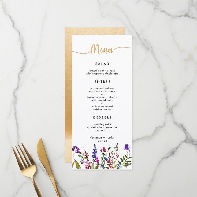 Wildblume Einfaches Hochzeitsmenü mit 3 Gang Menükarte (Vorderseite/Rückseite Beispiel)