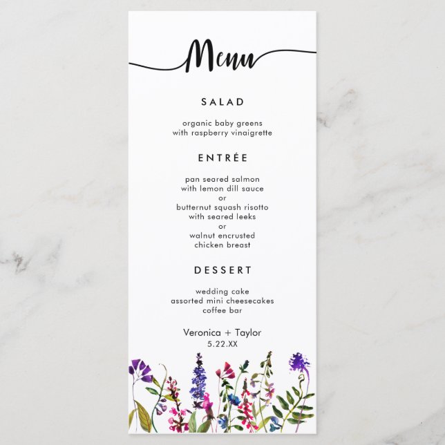 Wildblume Einfaches Hochzeitsmenü mit 3 Gang Menükarte (Vorderseite)