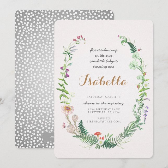 Wildblume Einladung zum ersten Geburtstag (Vorne/Hinten)