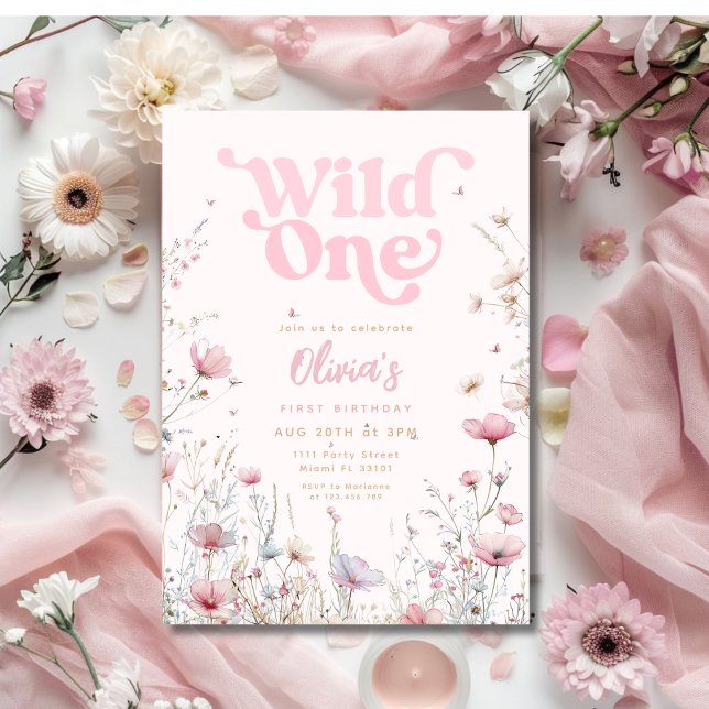 Wildblume Einladung zum Geburtstag | Rosa Wild One (Wildflower Birthday Invitation | Pink Wild One)