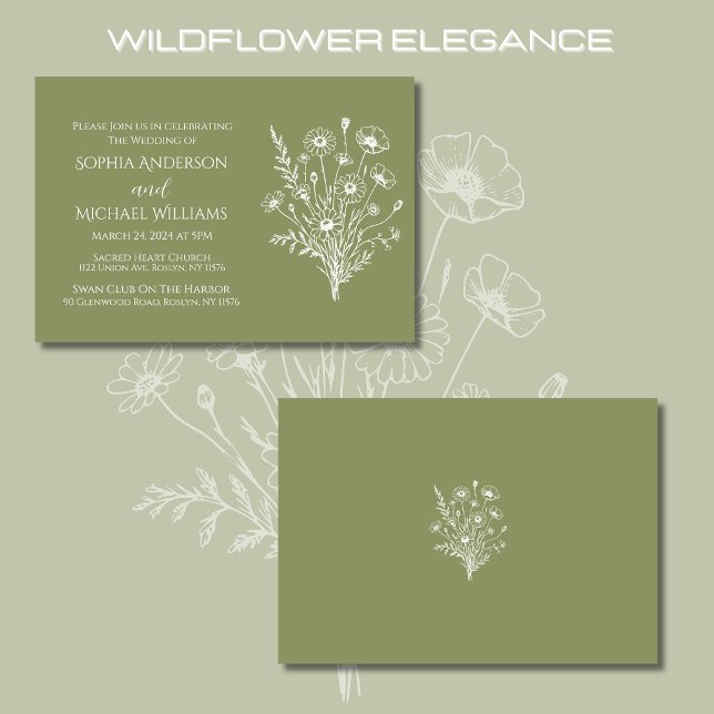 Wildblume Einladung zur Hochzeit (Wildflower Elegance Wedding Fern Green Invitations, Rustic, Country, Bohemian)