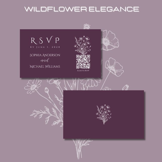 Wildblume Elegance-UAWG-QR-Code- Visitenkarte (Wildflower Elegance Wedding RSVP Purple-Rustic, Country, Bohemian)
