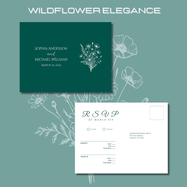 Wildblume Elegance-UAWG-Wedding-Postkarte Postkarte (Wildflower Elegance Wedding RSVP Postcard-Emerald Green-Rustic, Country, Bohemian)