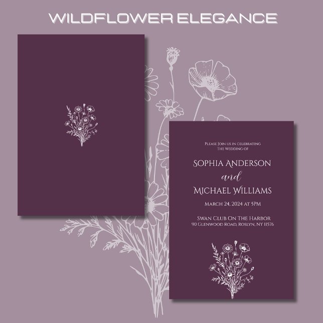 Wildblume Elegance Wedding Lila Thema- Einladung (Wildflower Elegance Wedding Invitations Purple-Rustic, Bohemian, Country)