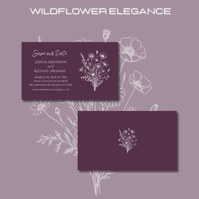 Wildblume Elegance Wedding-Save the Date- Visitenkarte (Wildflower Elegance Wedding Save Our Date- Purple-Rustic, Bohemian, Country)