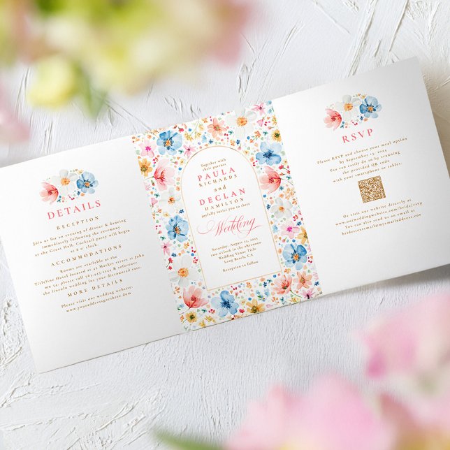 Wildblume Elegant Boho Garden Wedding Foto Dreifach Gefaltete Einladung (Wildflowers Wedding Invitation with RSVP, Details and Photo)