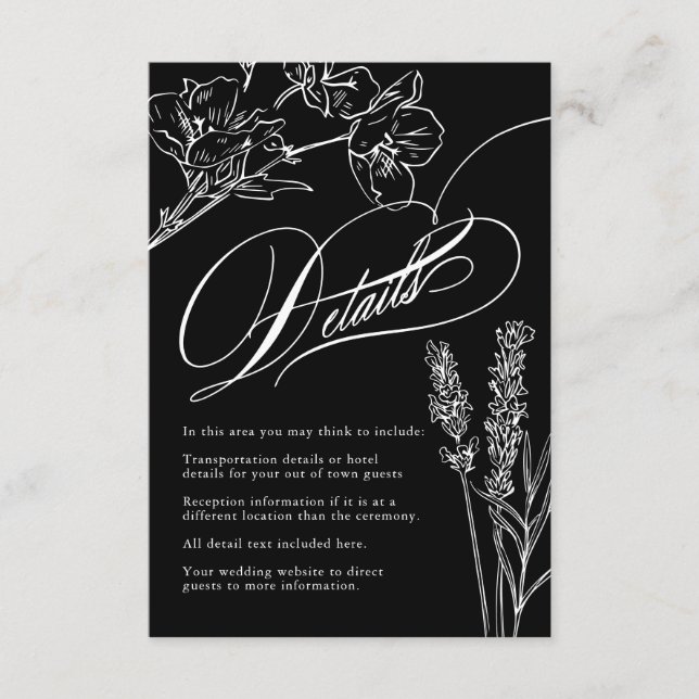 Wildblume Elegante Gotische Hochzeitdetails Begleitkarte (Vorderseite)