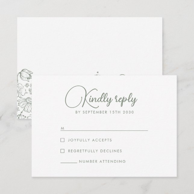Wildblume Elegante Olive Green Wedding RSVP Card (Vorne/Hinten)