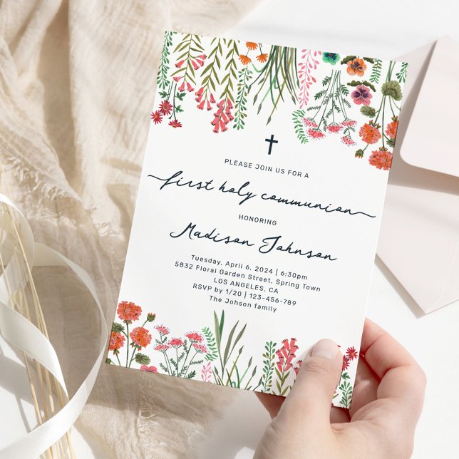 Wildblume Erste Heilige Kommune Einladung (Wildflower First Holy Communion Invitation)