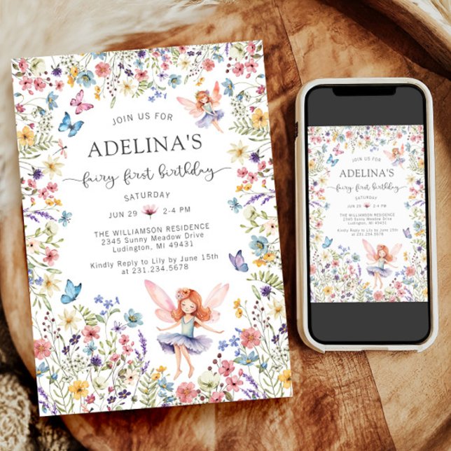 Wildblume Fairy Butterfly 1. Geburtstag Einladung (Wildflower Fairy Butterfly 1st Birthday Invitation)