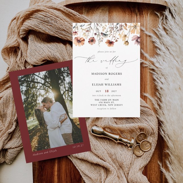 Wildblume Fall Floral Burgund Foto Hochzeit Einladung (Von Creator hochgeladen)
