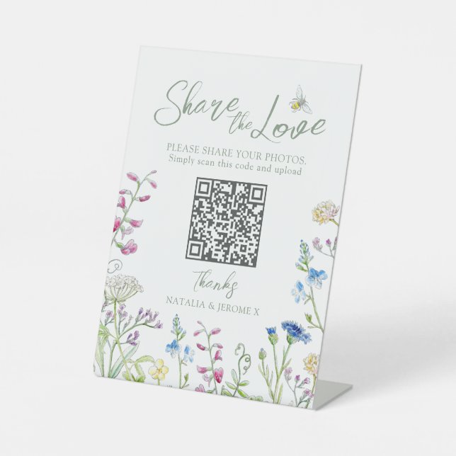 Wildblume farbenfrohe Aquarellhochzeit QR Sockelschild (Vorderseite)