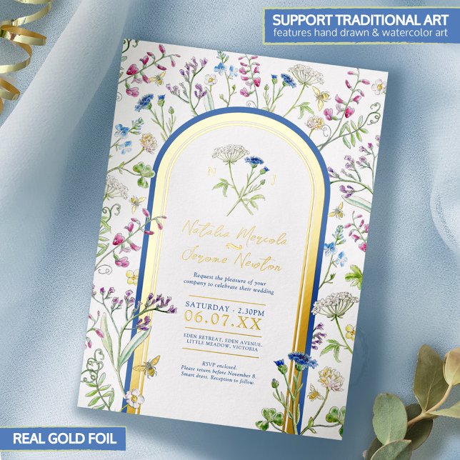 Wildblume farbenfrohe Blütenfarbe Blaue Hochzeit Folieneinladung (Von Creator hochgeladen)