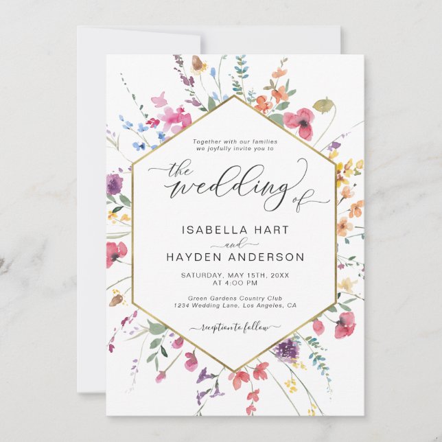 Wildblume Floral Boho Botanical Gold Wedding Invi Einladung (Vorderseite)