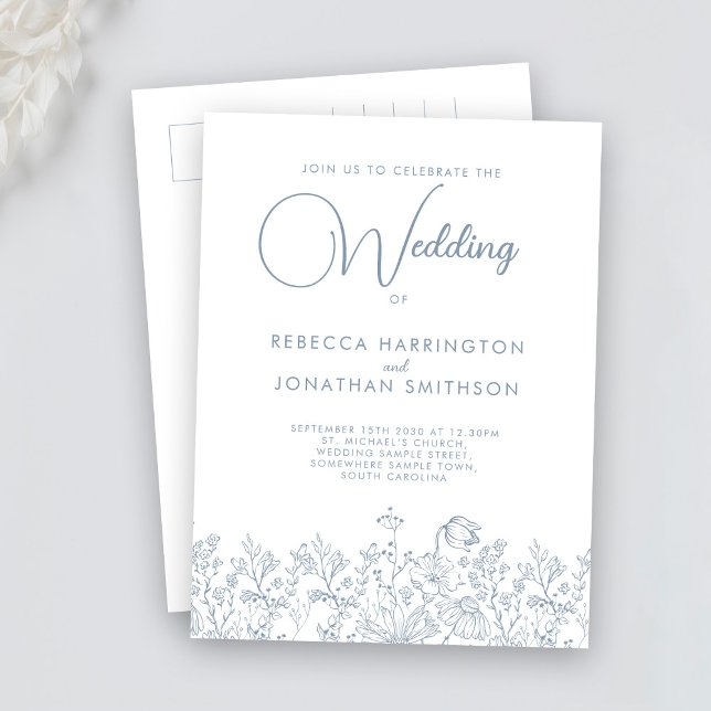 Wildblume Floral Elegant Dusty Blue Wedding Einladungspostkarte (Von Creator hochgeladen)