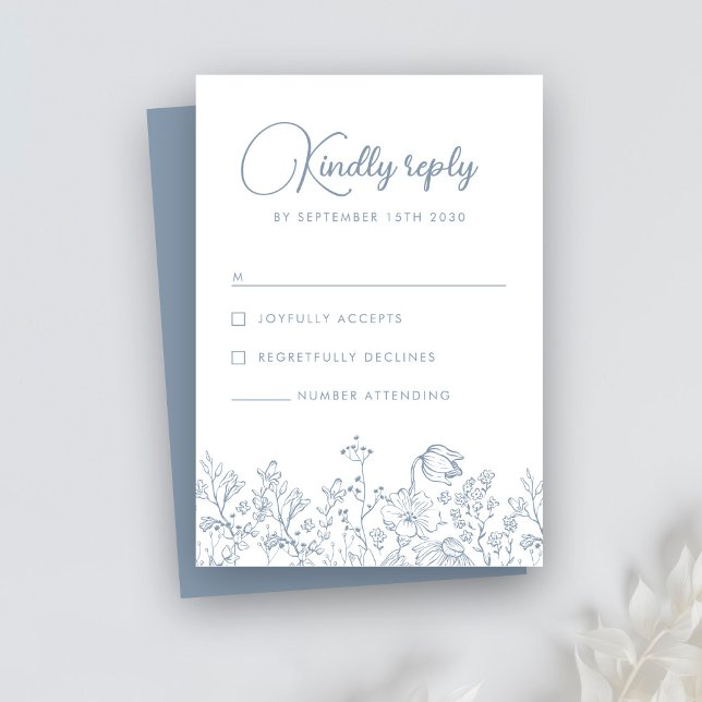 Wildblume Floral Elegant Dusty Blue Wedding RSVP Karte (Von Creator hochgeladen)