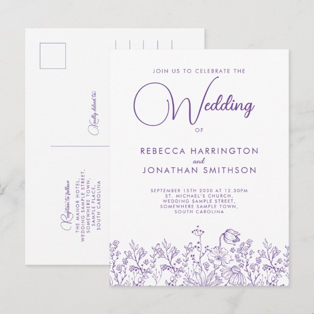Wildblume Floral Elegant Lilac Wedding Einladungspostkarte (Vorne/Hinten)