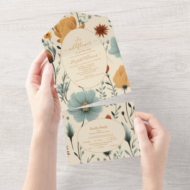 Wildblume Floral Frame Babydusche All In One Einladung (Abreißen)