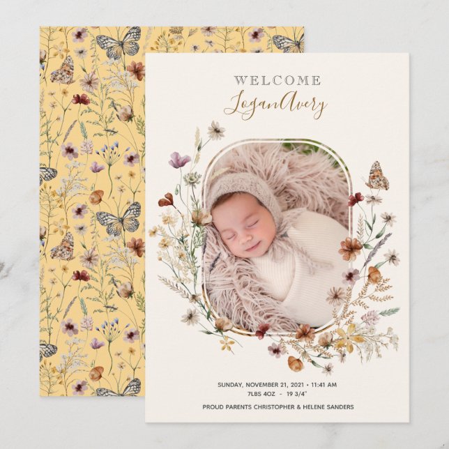 Wildblume Floral New Baby Birth Foto Ankündigung (Vorne/Hinten)