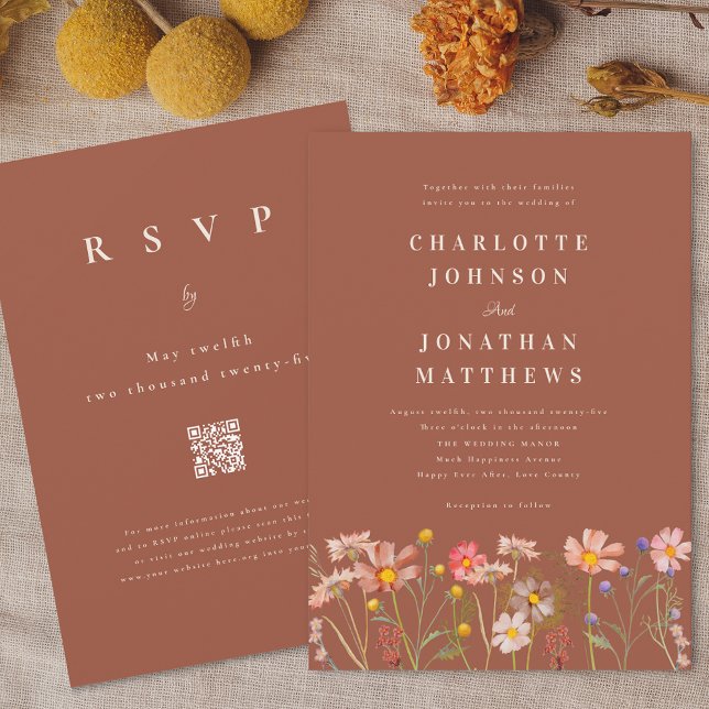 Wildblume Floral Terracotta Hochzeit im Herbst Einladung (Boho fall Wildflower terracotta brown beige orange wedding qr code invitation elegant modern  )
