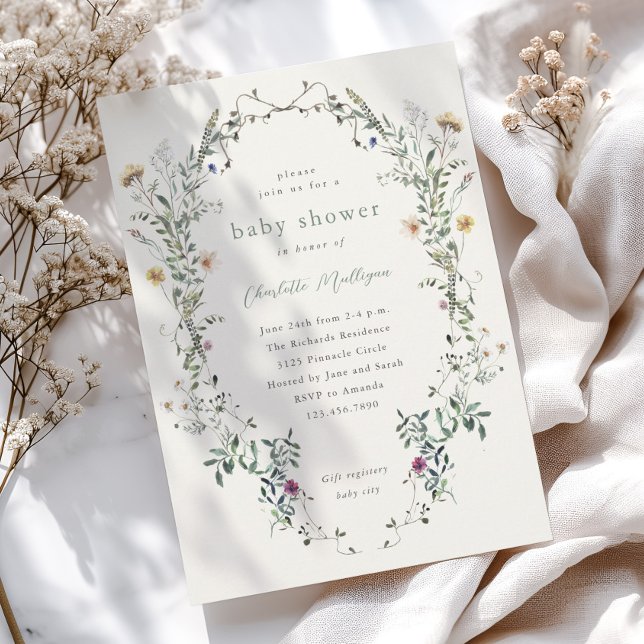 Wildblume Floral Wreath Spring Baby Dusche Einladung (Wildflower wreath boho spring baby shower invitations.)