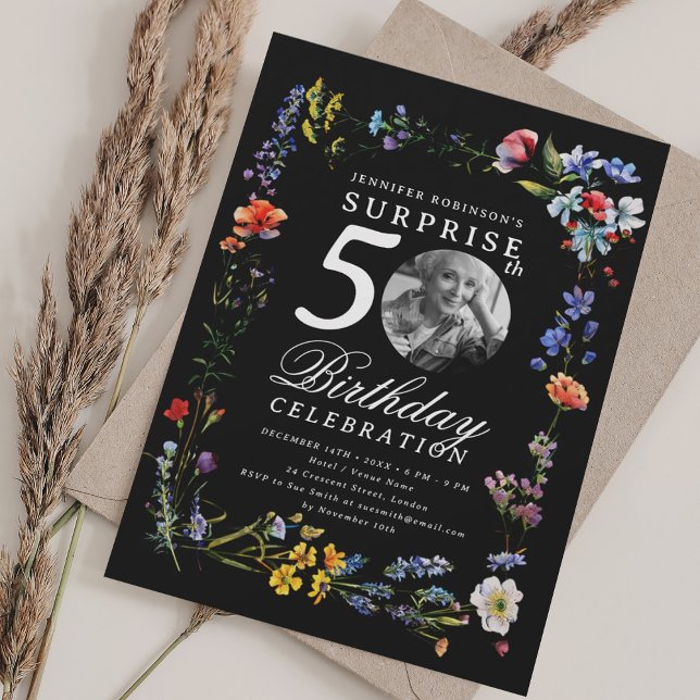 Wildblume Foto ÜBERRASCHEN 50. Geburtstag Schwarz Einladung (Wildflower Photo SURPRISE 50th Birthday Black Invitation)