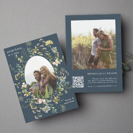 Wildblume Frame 2 Foto Hochzeit QR Code Navy Blue Save The Date