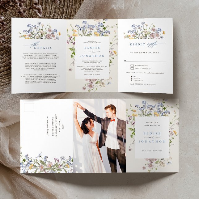 Wildblume Frühjahr Dreifach-gefaltete Programmkarte (Colorful Spring Wildflower Meadow Garden Wedding Tri-Fold photo all in one wedding invitation)