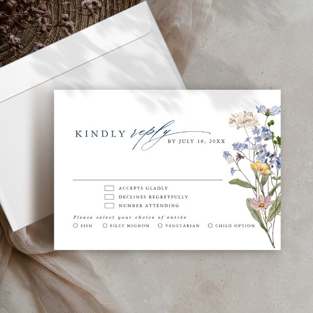 Wildblume Frühjahr RSVP Karte (Colorful Spring Wildflower Meadow Garden Wedding RSVP Card with meal choice. )