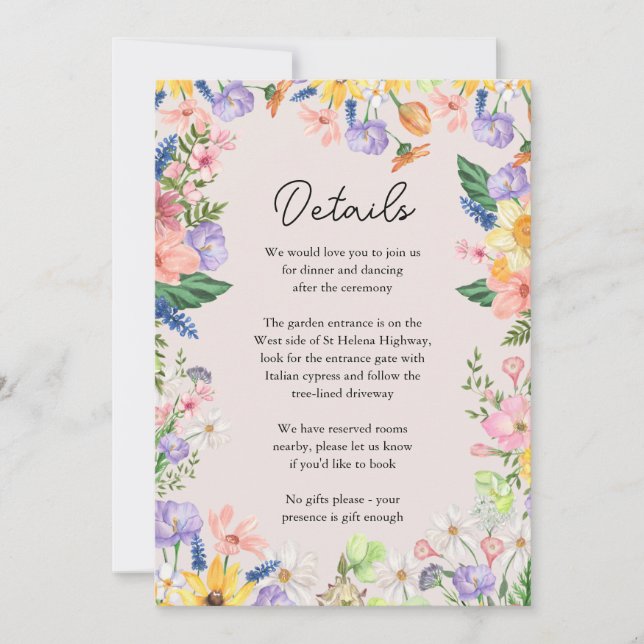 Wildblume Frühjahrskarte mit Details zur Hochzeits Einladung (Vorderseite)