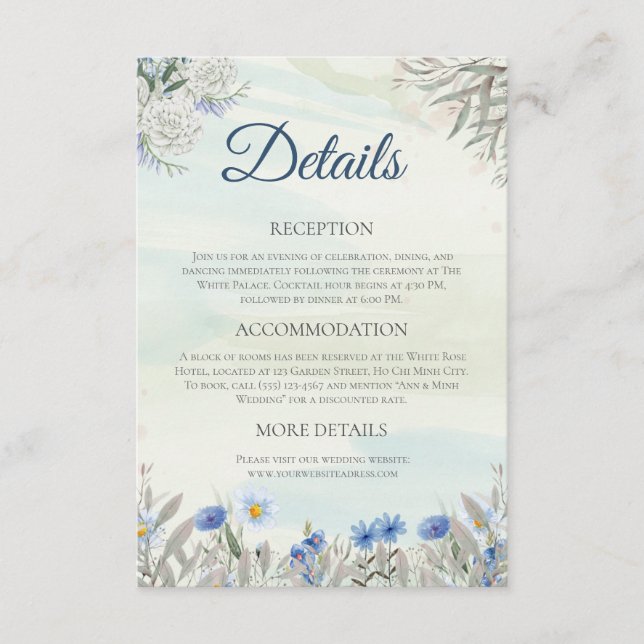 Wildblume für Hochzeiten in Aquarellblau Begleitkarte (Vorderseite)