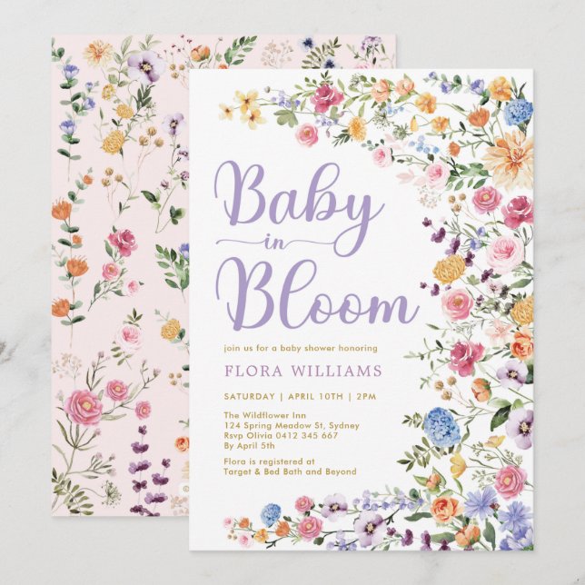 Wildblume Garden Baby in Bloom Baby Girl Dusche Einladung (Vorne/Hinten)