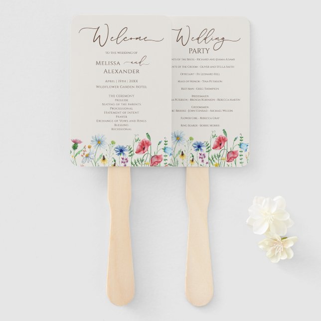 Wildblume Garden Beige Hochzeitsprogramm Handfan Fächer (Vorne und Hinten)
