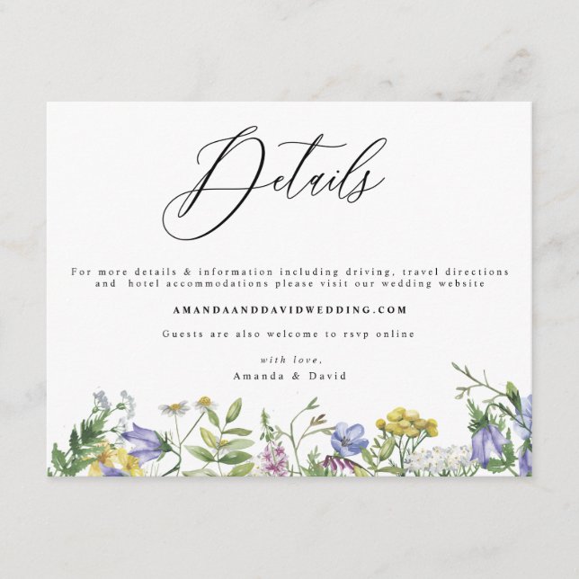 Wildblume Garden Boho Wedding Details Card Begleitkarte (Vorderseite)