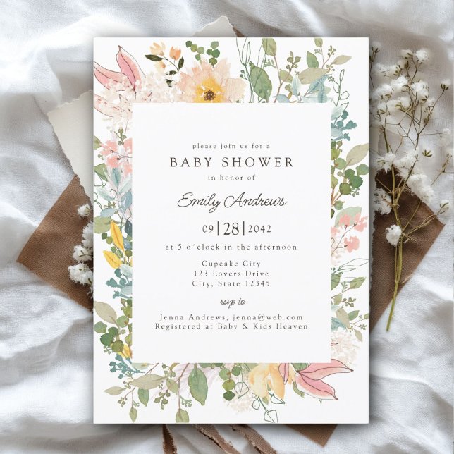 Wildblume Garden Charm | Babyparty Einladung (Wildflower Garden Charm | Baby Shower White - Pastel Invitation, Print & Download.)
