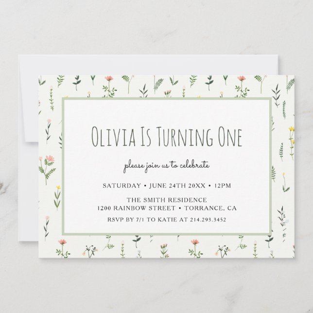 Wildblume Garden Girl 1. Geburtstag Einladung (Vorderseite)