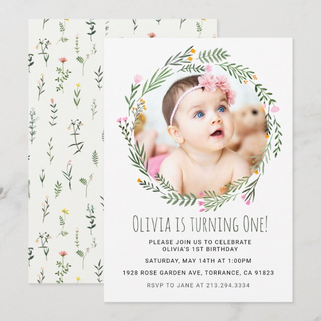 Wildblume Garden Girl 1. Geburtstag Einladung (Vorne/Hinten)