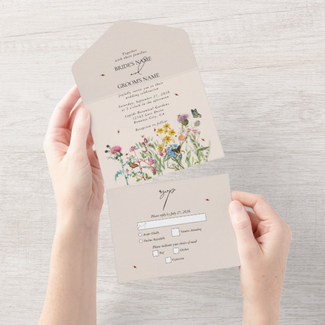Wildblume Garden & Insecken Wedding Inv All In One Einladung (Abreißen)