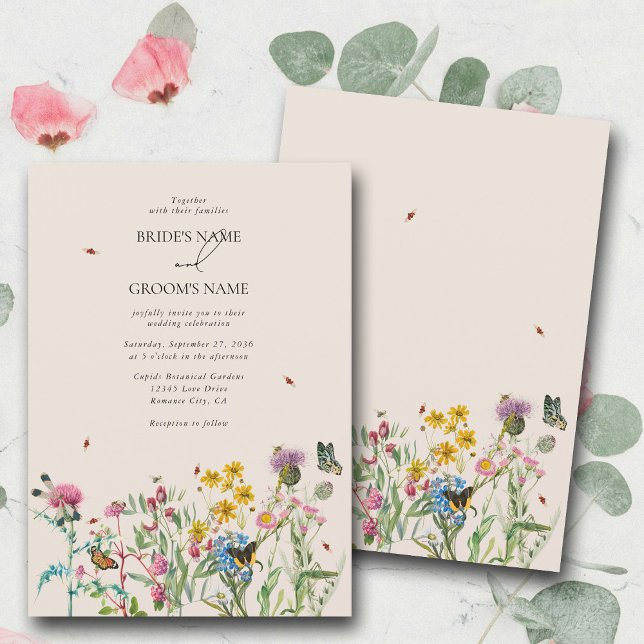 Wildblume Garden & Insekten Hochzeit Einladung (Watercolor Wildflower Garden & Insects Wedding Inv Invitation)