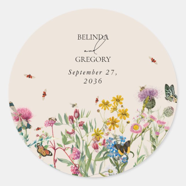 Wildblume Garden & Insekten Hochzeit Runder Aufkleber (Vorderseite)