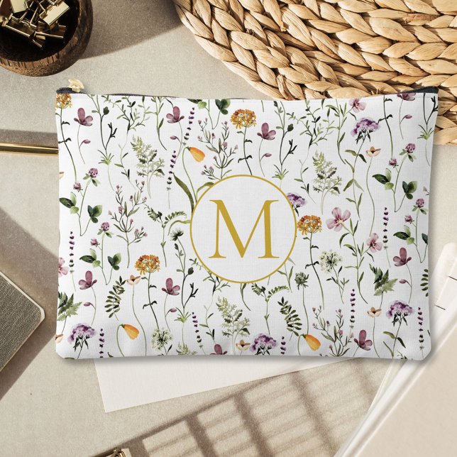 Wildblume Garden Muster Custom Monogram Zubehörtasche (In situ, on table)