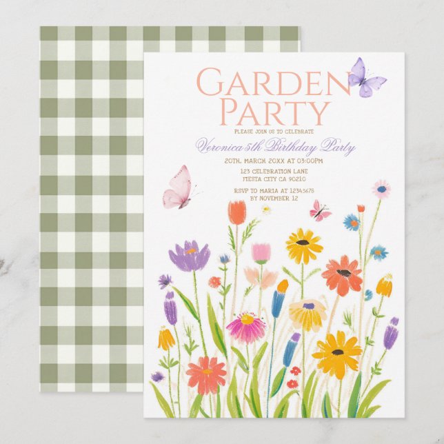 Wildblume Garden Party Geburtstag Einladung (Vorne/Hinten)