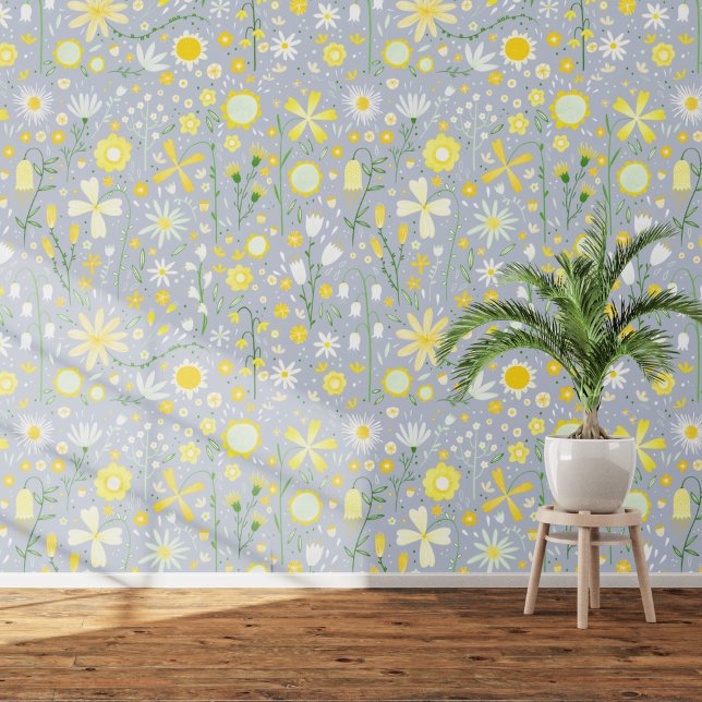 Wildblume Garden Tapete (Wildflower floral white yellow duck egg blue gray  art wallpaper)