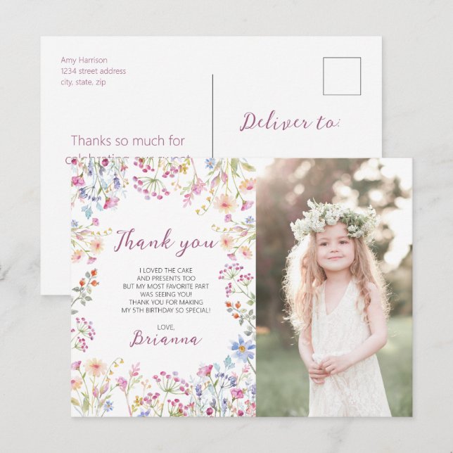 Wildblume Garden Theme Girl Aquarell Danke Postkarte (Vorne/Hinten)