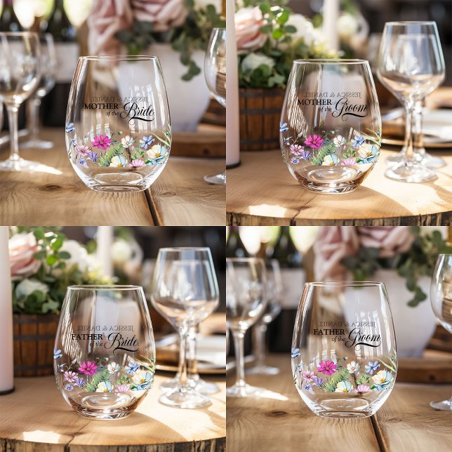 Wildblume Garden Top Table Floral Wedding Weinglas Ohne Stiel (Wedding Parents wine glasses from the Wildflower Garden Wedding Collection)