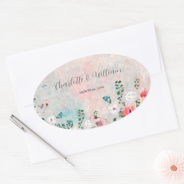 Wildblume Garden Wasserfarbe Rosa Hochzeit Ovaler Aufkleber (Umschlag)