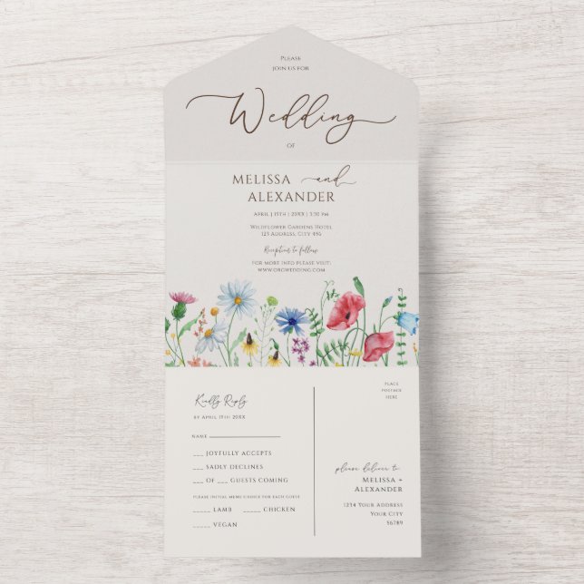 Wildblume Garten Hochzeit Beige Siegel und senden All In One Einladung (Innen Boden)
