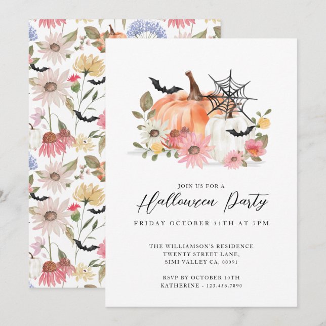Wildblume Gelb & Weiß Pumpkin Halloween-Party Einladung (Vorne/Hinten)